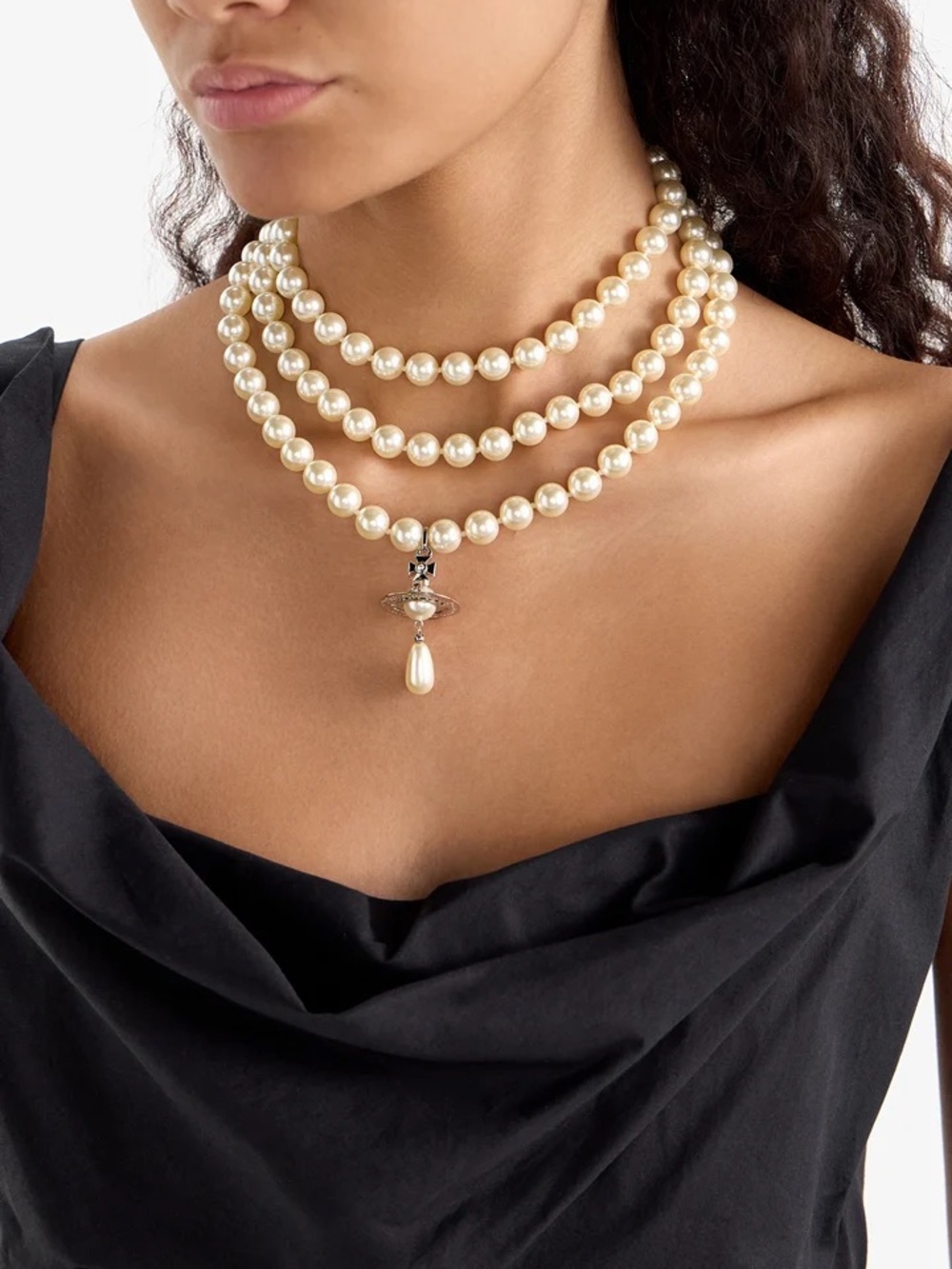 Iconic Vivienne Westwood Three Tier Pearl Choker with crystal orb gold and pearl